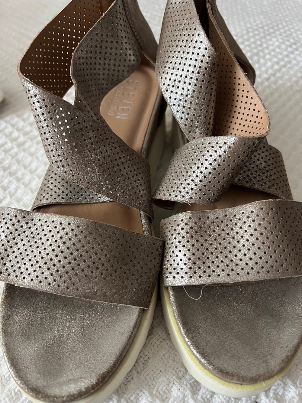 Steven By Steve Madden Metallic Taupe Perforated Crisscross Wedge Sandals
